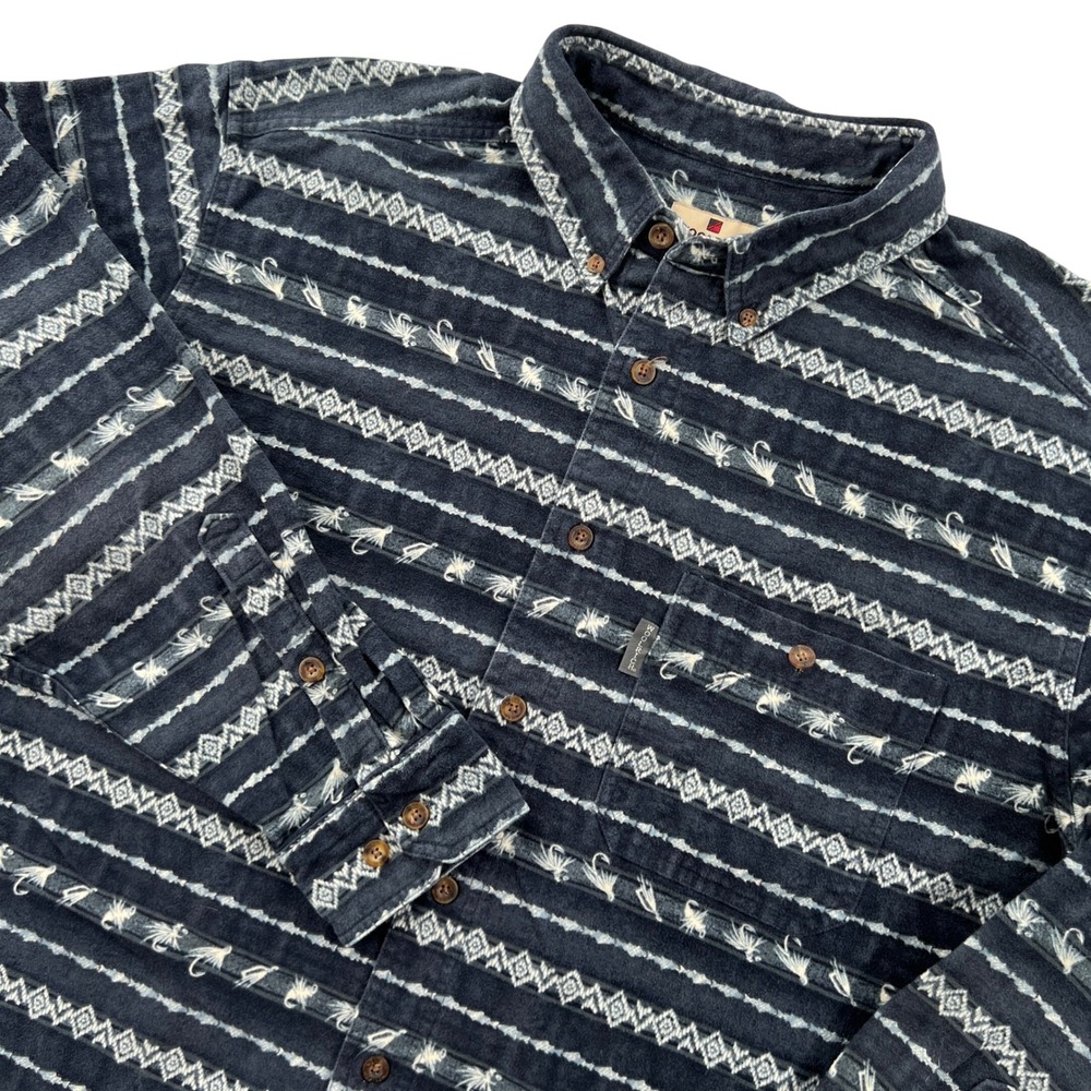 Woolrich Chamois Flannel Button Down Shirt Mens XL Navy Blue Fishing Fly Print